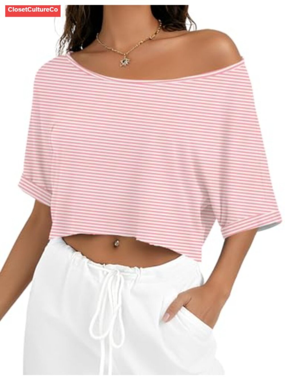 Off Shoulder Cropped T Shirt Short Sleeve Asymmetrical Neck Top